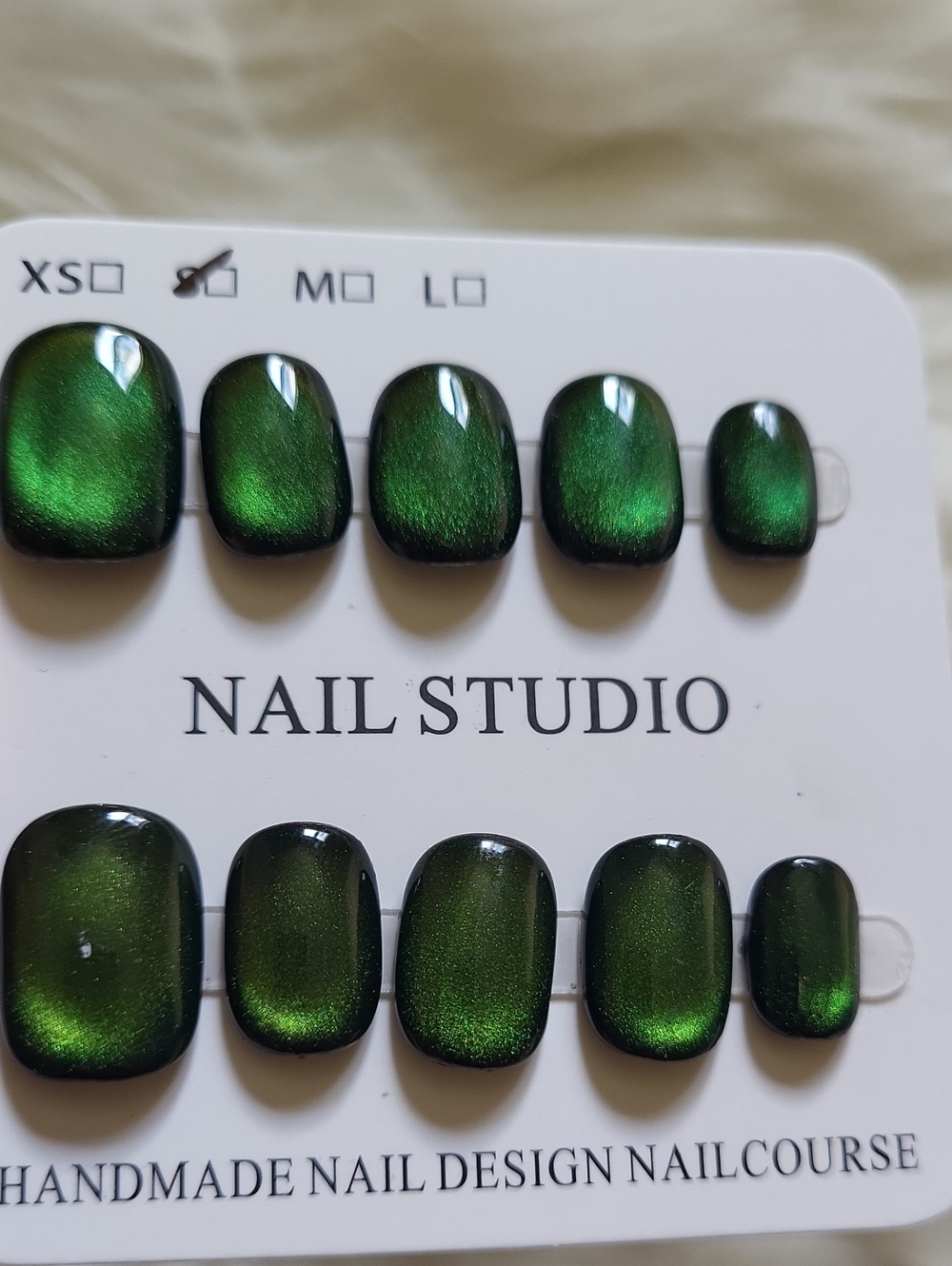 (S)💚Handmade Nail Art Green Short Cateye Style Press On Nails💚